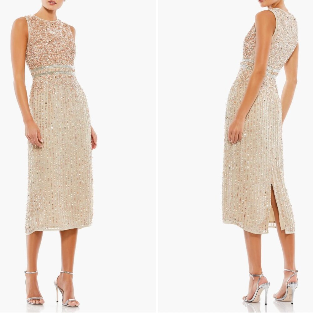 EUC Mac Duggal Sleeveless High Neck Beaded Midi Sheath Dress Sz 6 - Picture 1 of 11